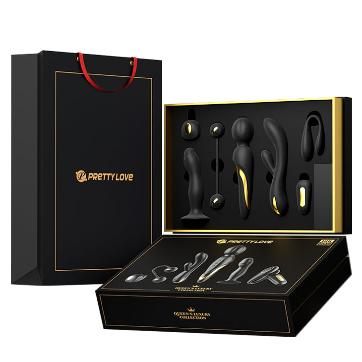 Black packaging with 'Pretty Love' branding containing various items.