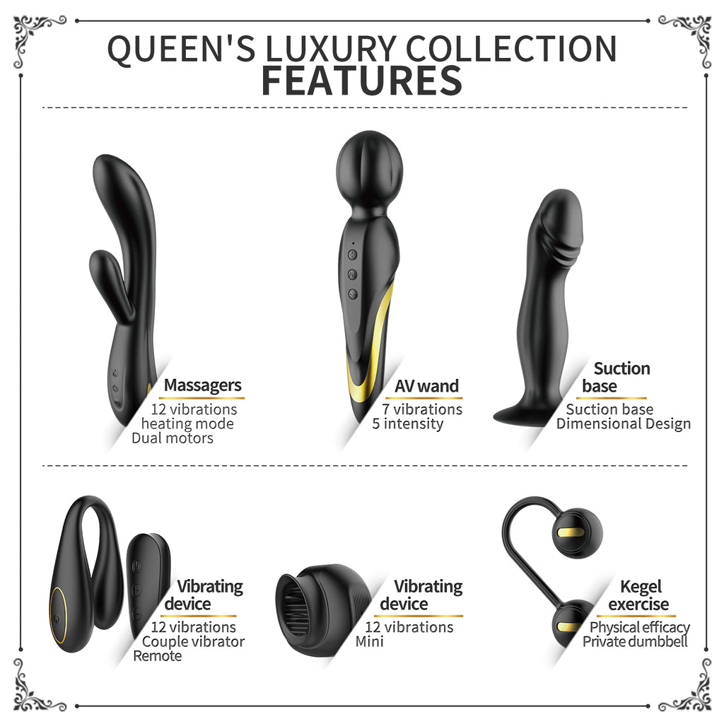Diagram of Queen's Luxury Collection featuring various sexual products with labels.
