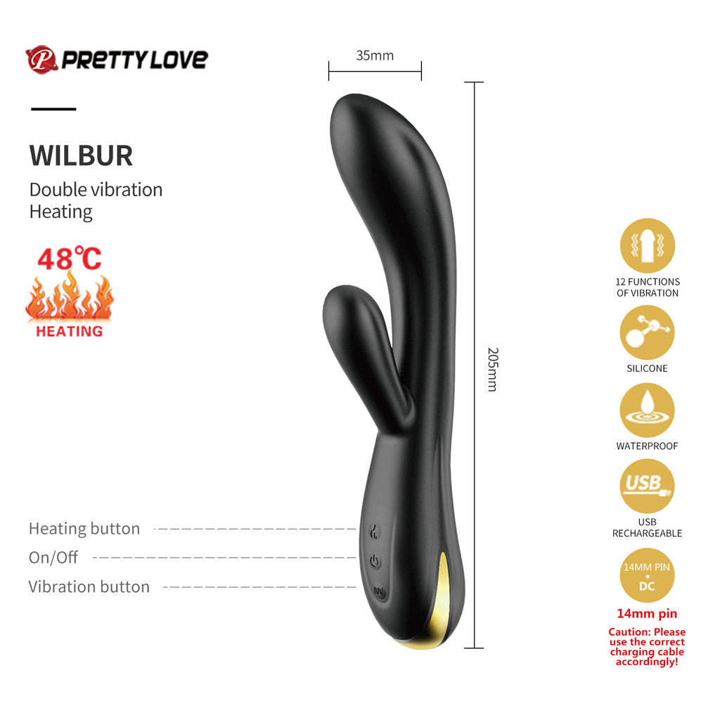 Black double vibration heating device with branding and specifications on a white background