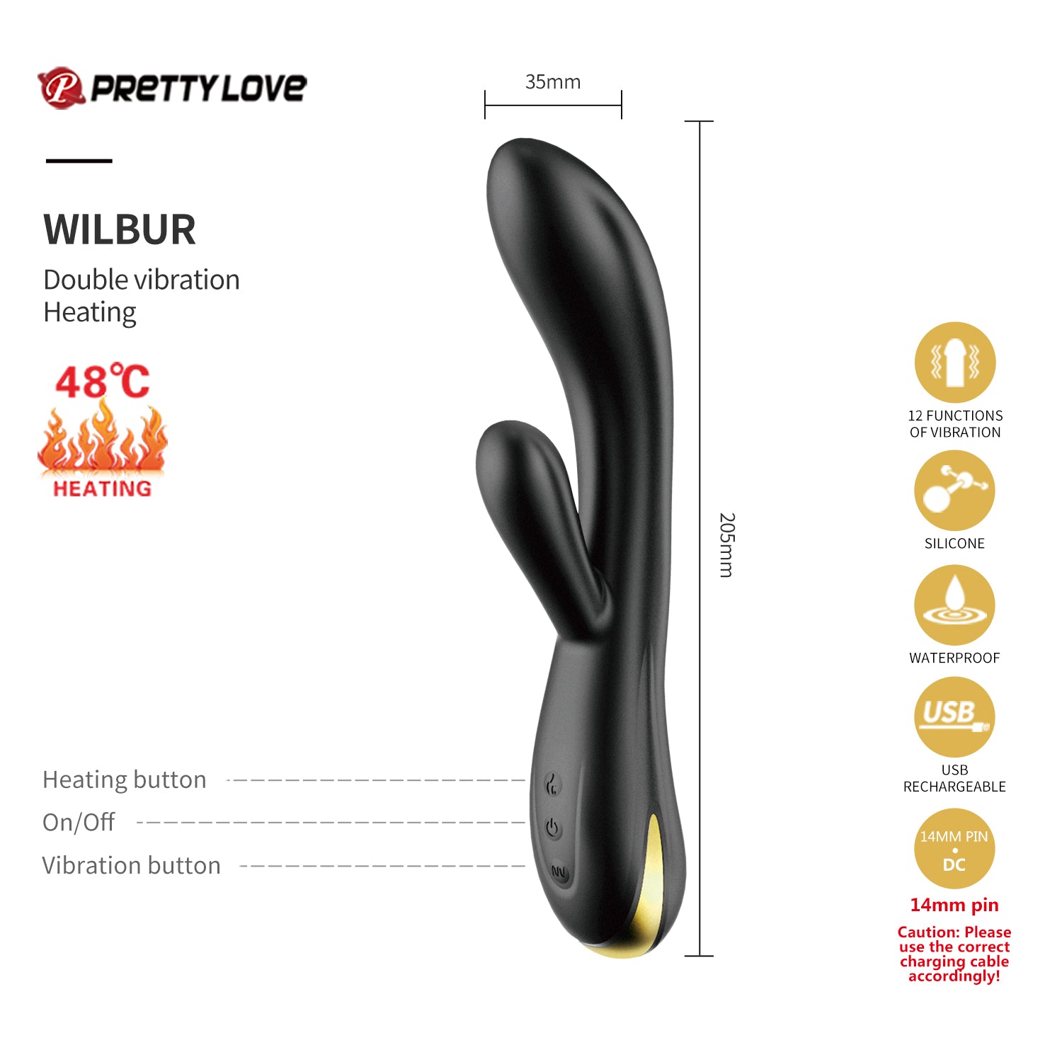 Black double vibration heating device with branding and specifications on a white background