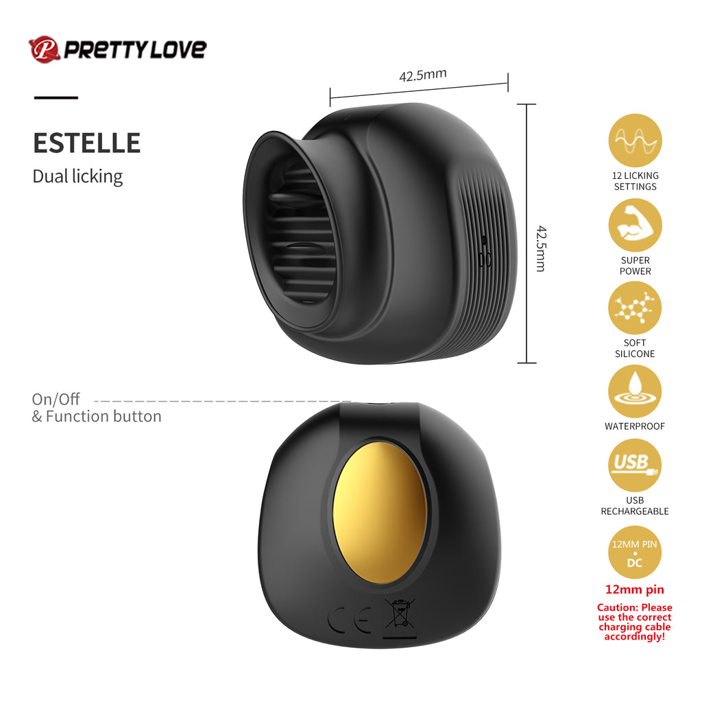 Black and gold electronic device with features listed on a white background