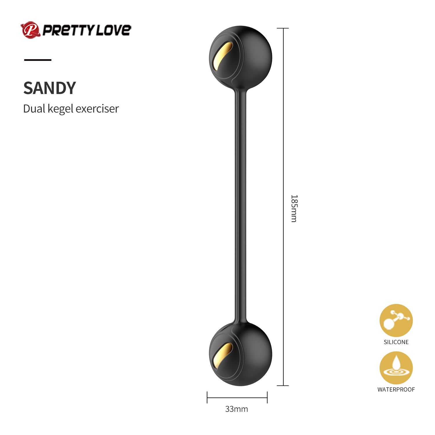 Black dual kegel exerciser with measurements and branding on a white background