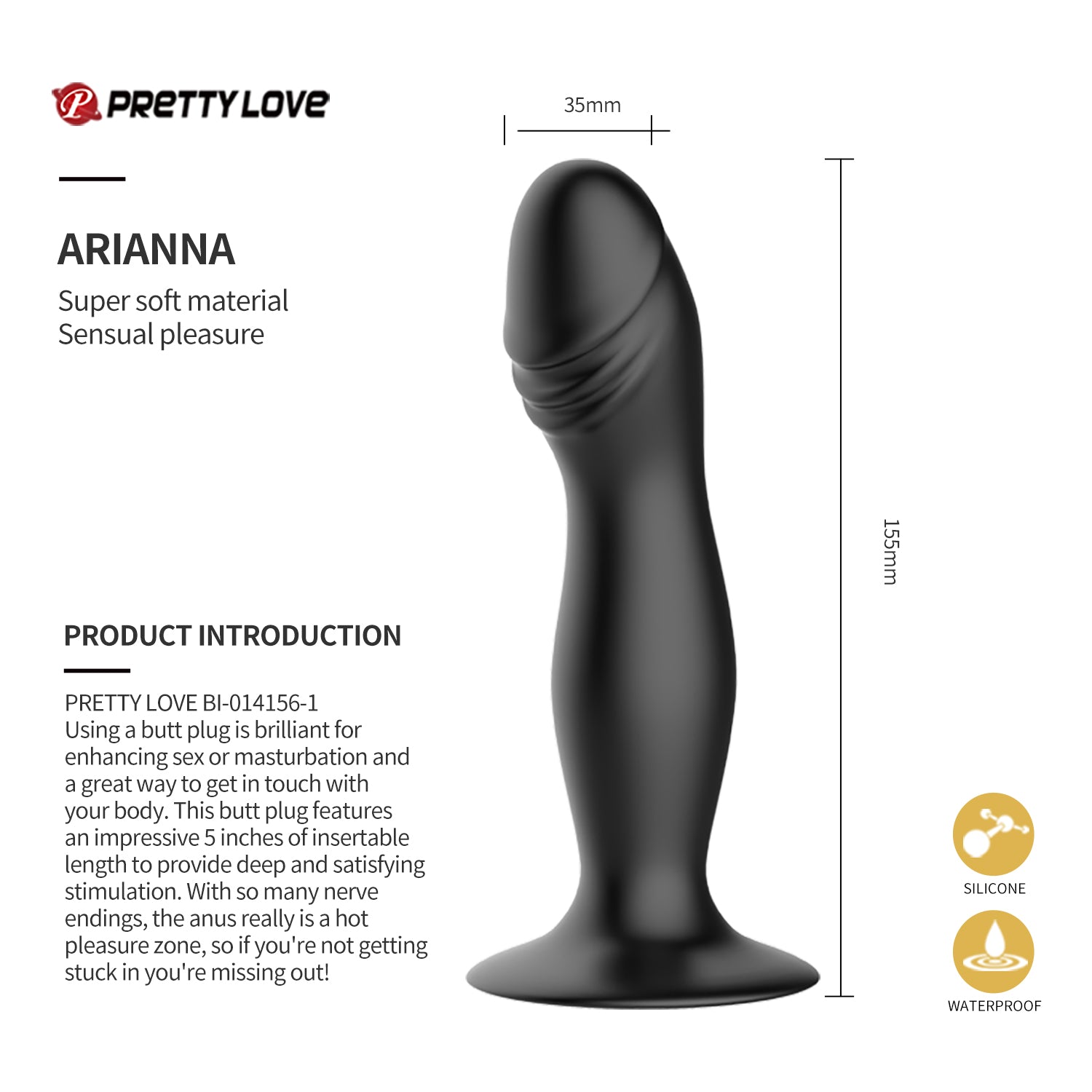 Black butt plug with measurements and features on a white background, branded 'Pretty Love'.