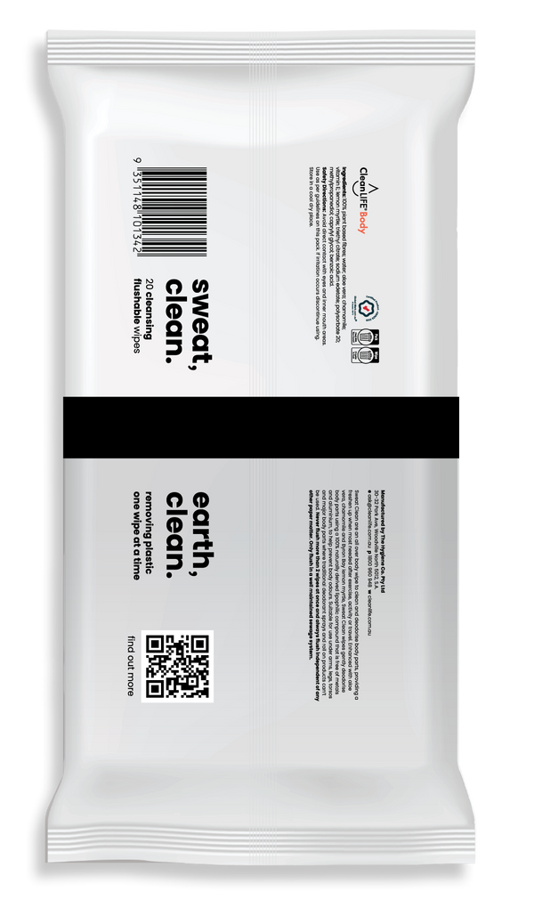 sweat, clean. flushable wipes