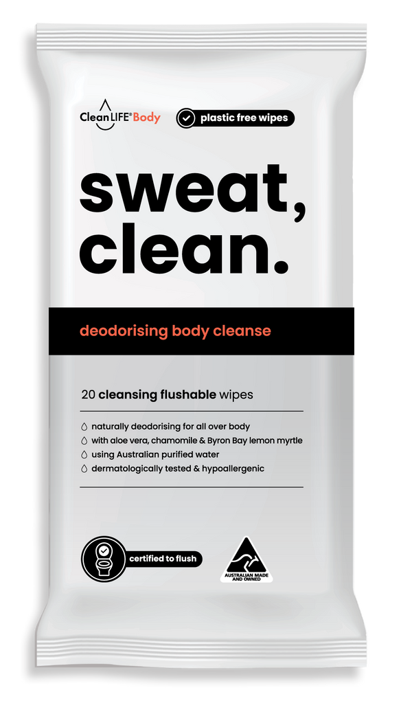 sweat, clean. flushable wipes
