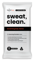 sweat, clean. flushable wipes